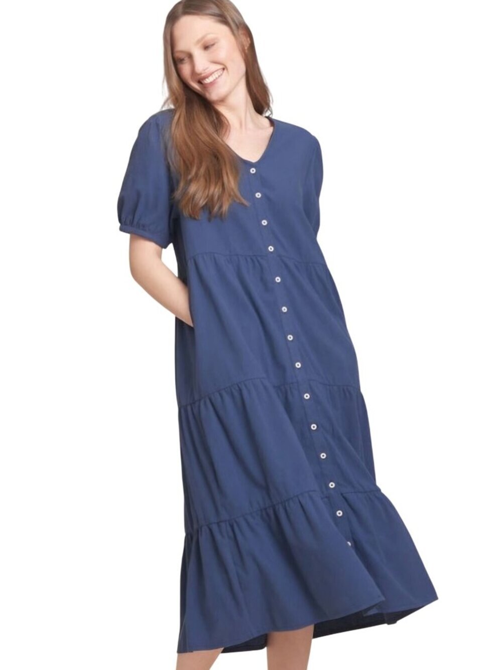 Tradlands Kindered Midi Dress Tiered Pockets Sustainable Cotton Blue Size XS